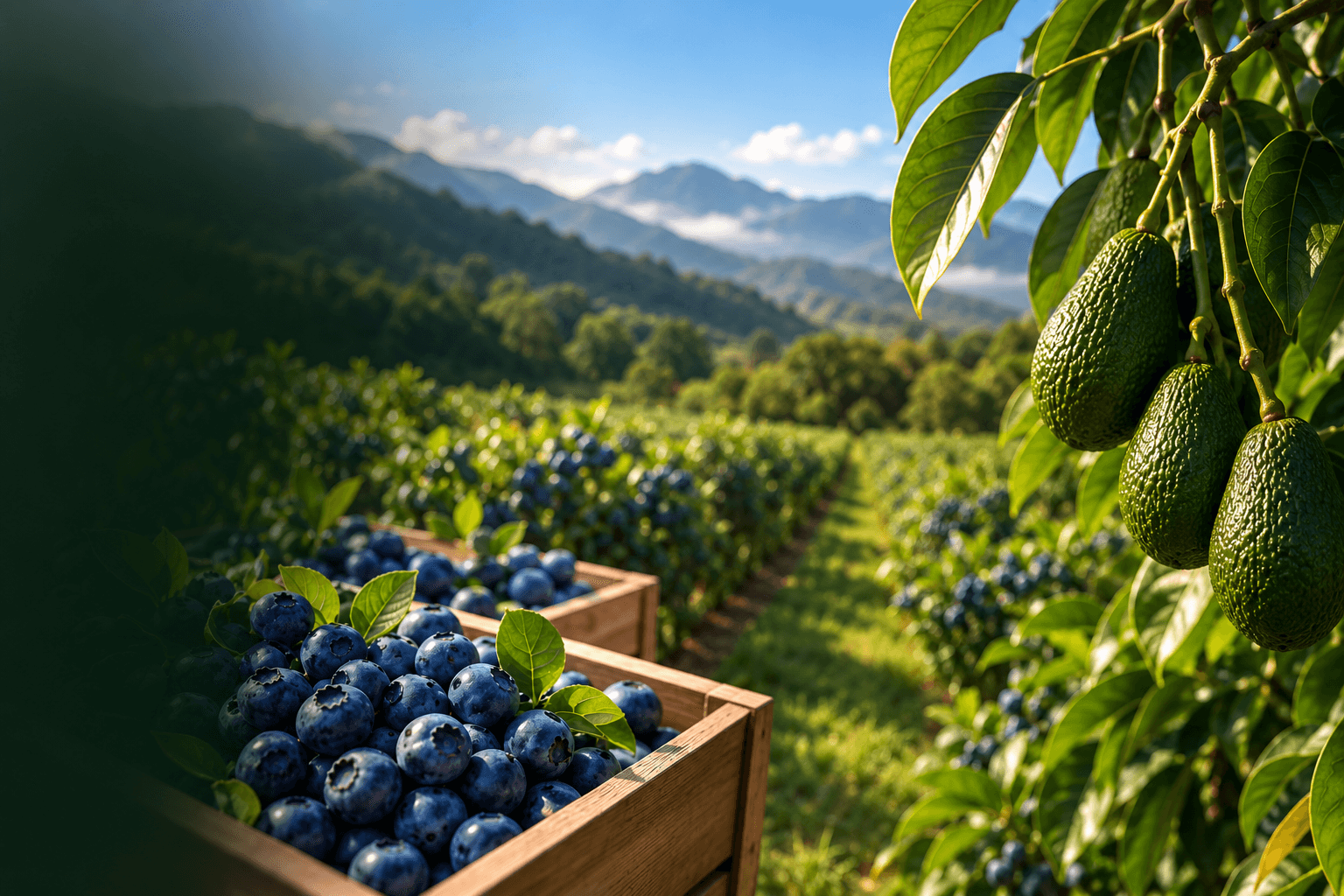 Cultivo de arándanos y aguacates en un paisaje agrícola
